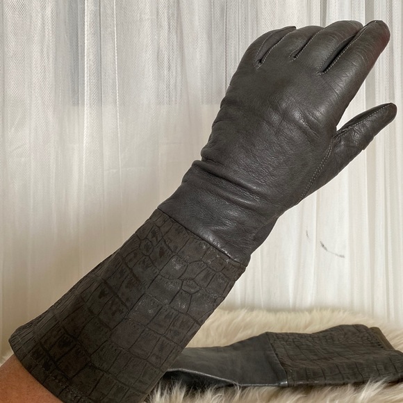 Mid-length 100% grey leather gloves, embossed wrist with slit! Size 7 - Picture 3 of 13